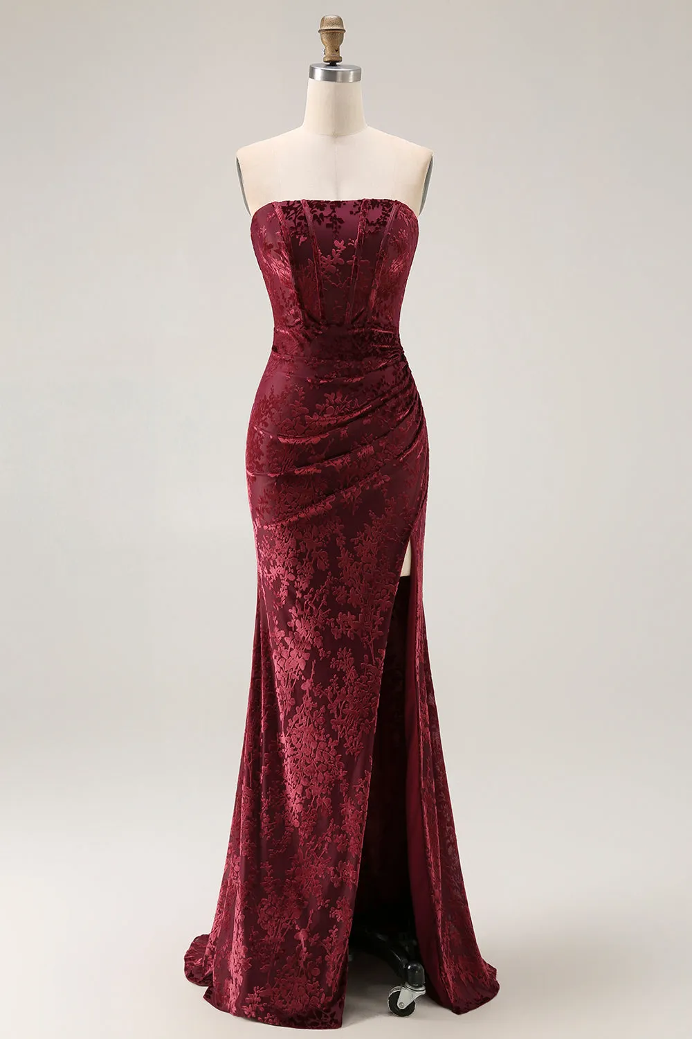 Burgundy Strapless Corset Burnout Velvet Bridesmaid Dress with Slit sold by Zapaka
