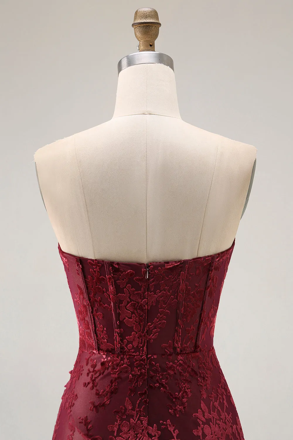 Burgundy Strapless Corset Burnout Velvet Bridesmaid Dress with Slit sold by Zapaka product image thumbnail 5
