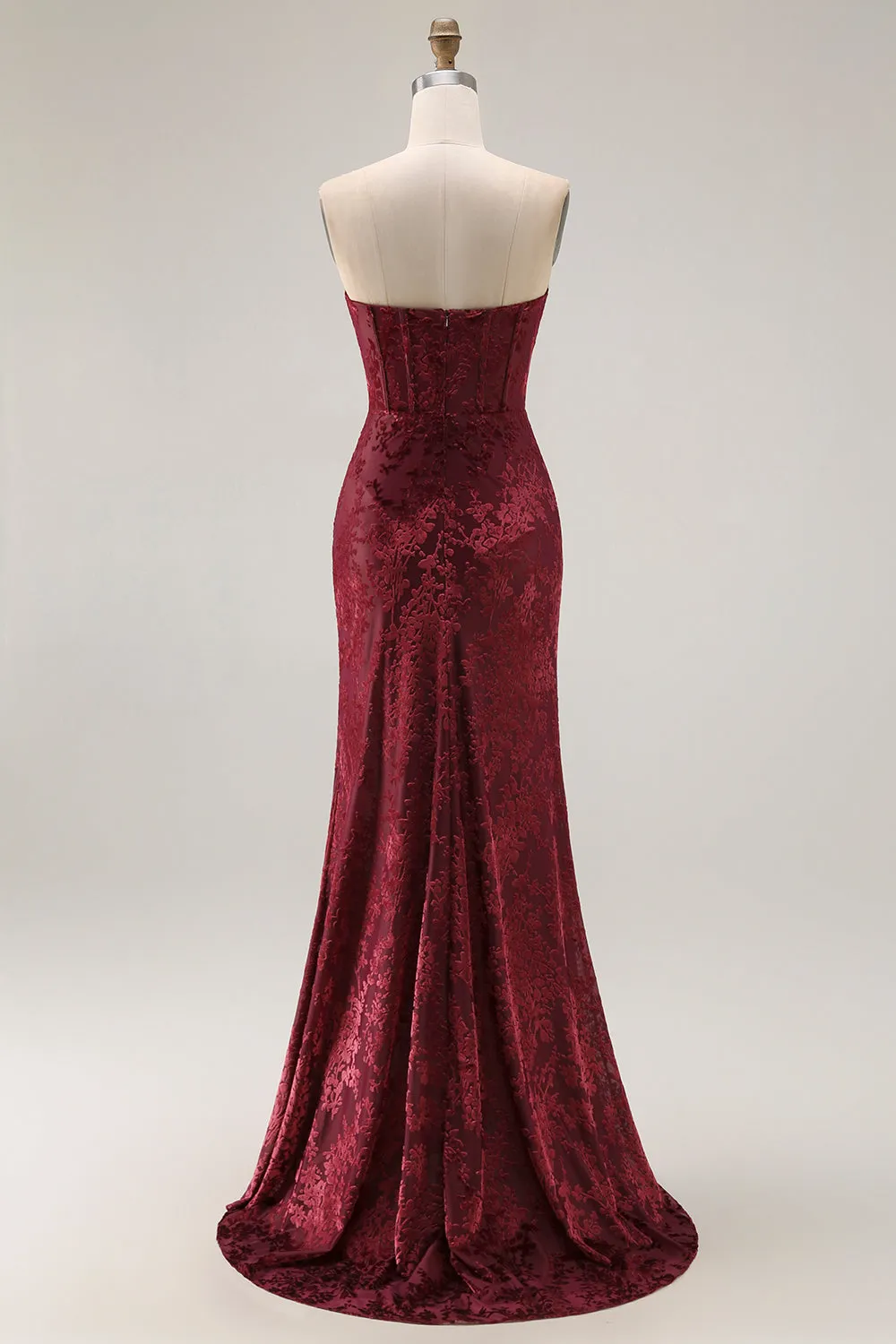 Burgundy Strapless Corset Burnout Velvet Bridesmaid Dress with Slit sold by Zapaka product image thumbnail 2