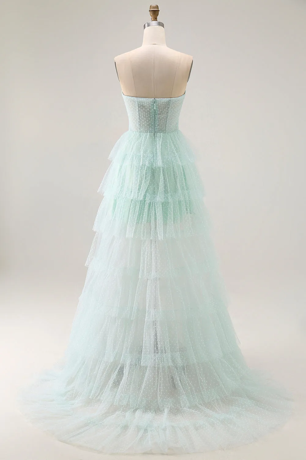 Light Green Strapless A Line Polka Dots Tiered Ruffle Bridesmaid Dress with Slit sold by Zapaka product image thumbnail 2
