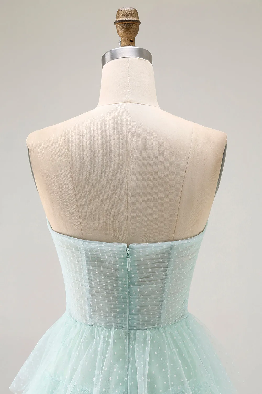 Light Green Strapless A Line Polka Dots Tiered Ruffle Bridesmaid Dress with Slit sold by Zapaka product image thumbnail 5