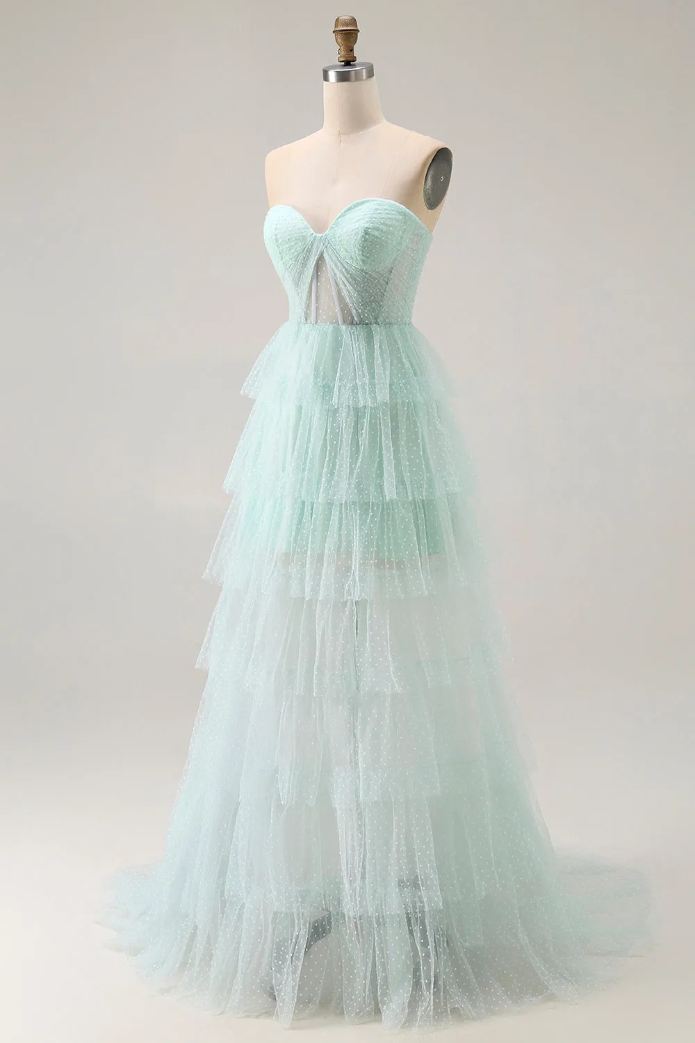 Light Green Strapless A Line Polka Dots Tiered Ruffle Bridesmaid Dress with Slit sold by Zapaka product image thumbnail 3