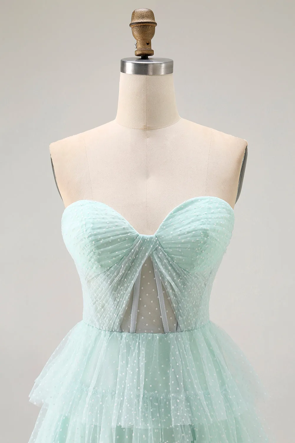 Light Green Strapless A Line Polka Dots Tiered Ruffle Bridesmaid Dress with Slit sold by Zapaka product image thumbnail 4