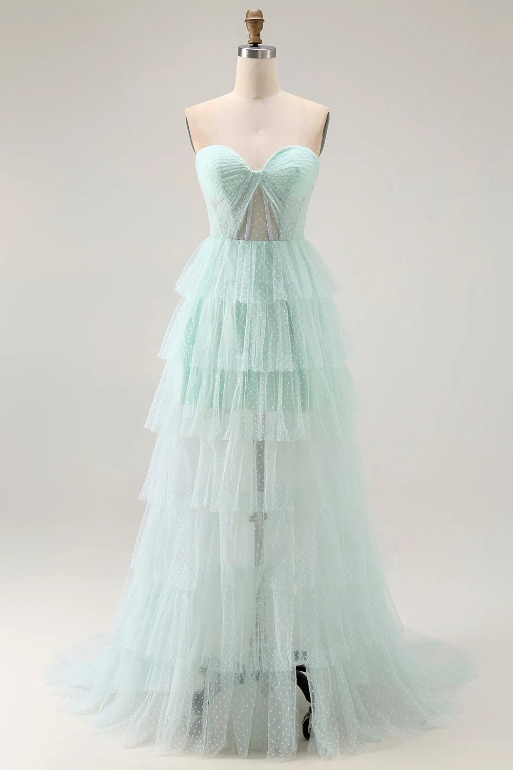 Light Green Strapless A Line Polka Dots Tiered Ruffle Bridesmaid Dress with Slit sold by Zapaka