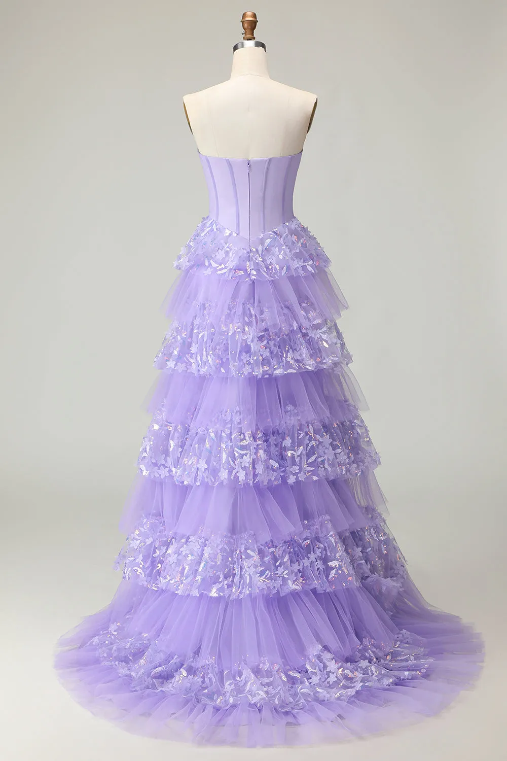 Sweetheart A Line Purple Corset Tiered Ruffle Long Prom Dress with Sequins sold by Zapaka product image thumbnail 2