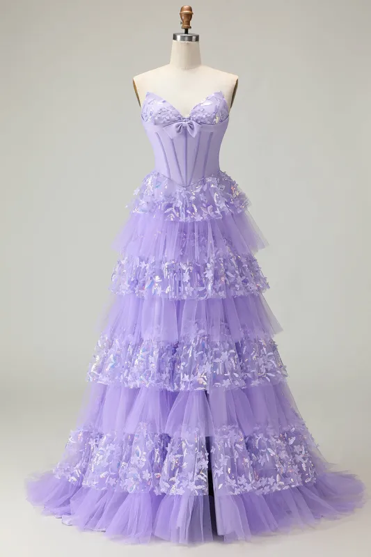Sweetheart A Line Purple Corset Tiered Ruffle Long Prom Dress with Sequins sold by Zapaka
