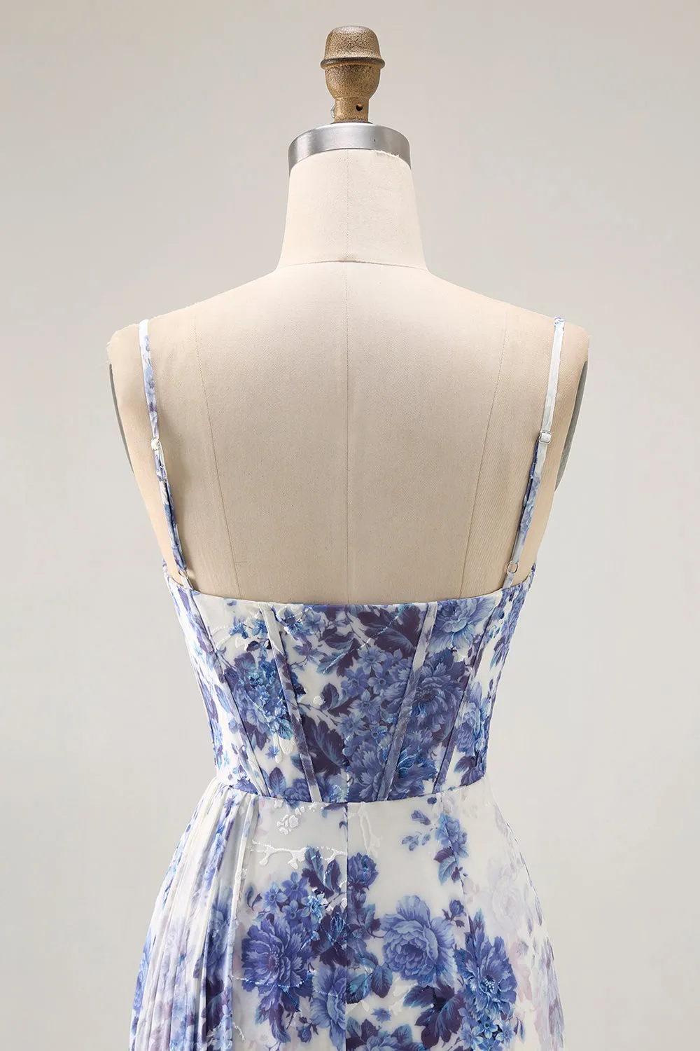 White Blue Floral Corset Sheath Cowl Neck Long Bridesmaid Dress with Streamer sold by Zapaka product image thumbnail 5