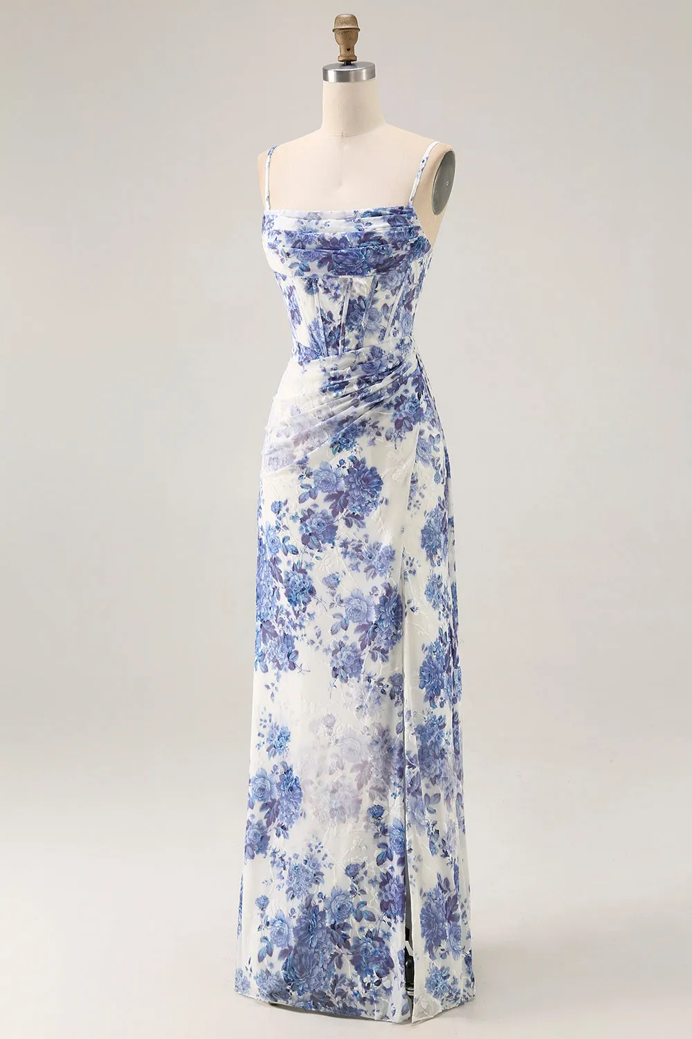 White Blue Floral Corset Sheath Cowl Neck Long Bridesmaid Dress with Streamer sold by Zapaka product image thumbnail 3