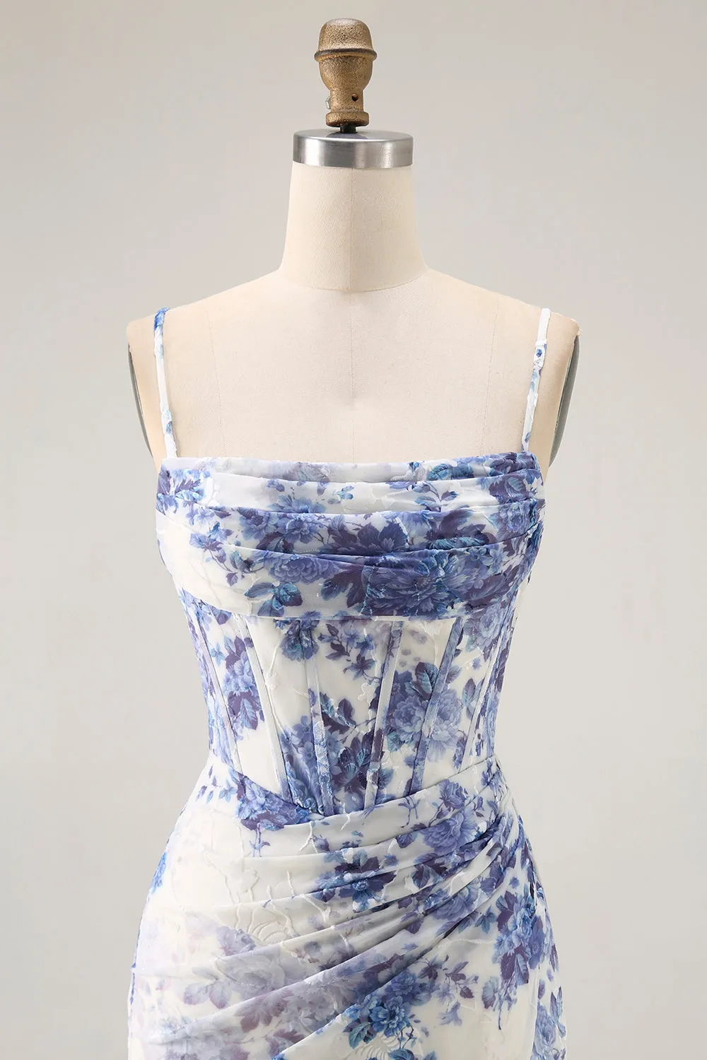 White Blue Floral Corset Sheath Cowl Neck Long Bridesmaid Dress with Streamer sold by Zapaka product image thumbnail 4