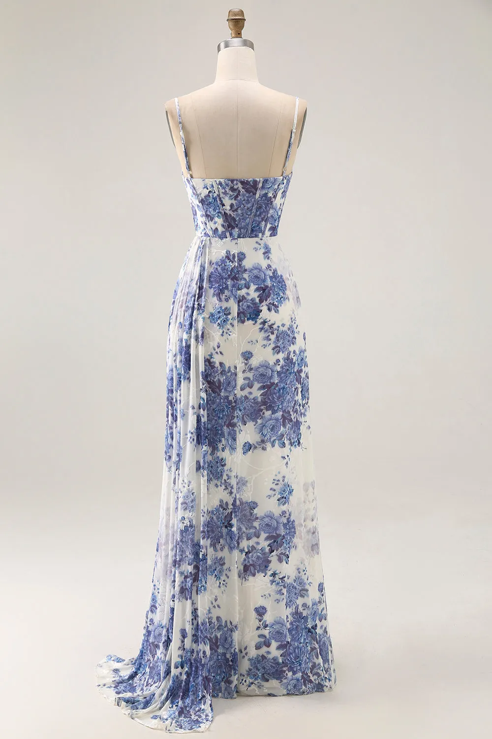 White Blue Floral Corset Sheath Cowl Neck Long Bridesmaid Dress with Streamer sold by Zapaka product image thumbnail 2