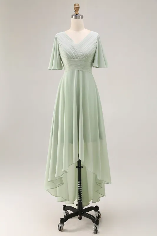 Sage Green A Line Pleated High Low Bridesmaid Dress with Short Sleeves sold by Zapaka
