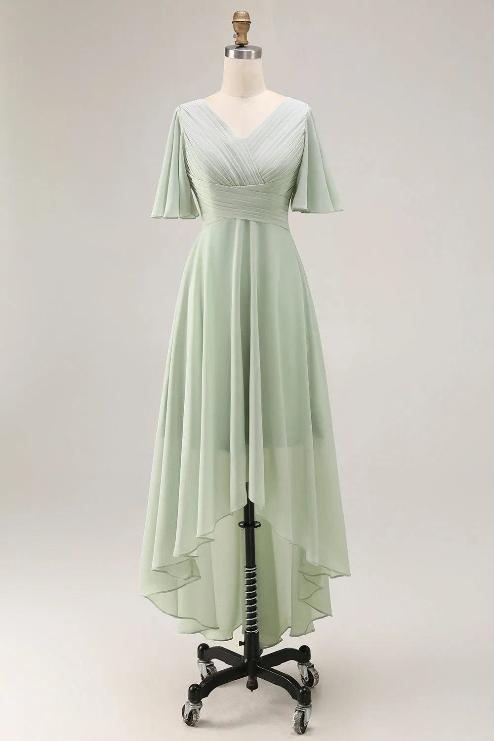 Sage Green A Line Pleated High Low Bridesmaid Dress with Short Sleeves sold by Zapaka