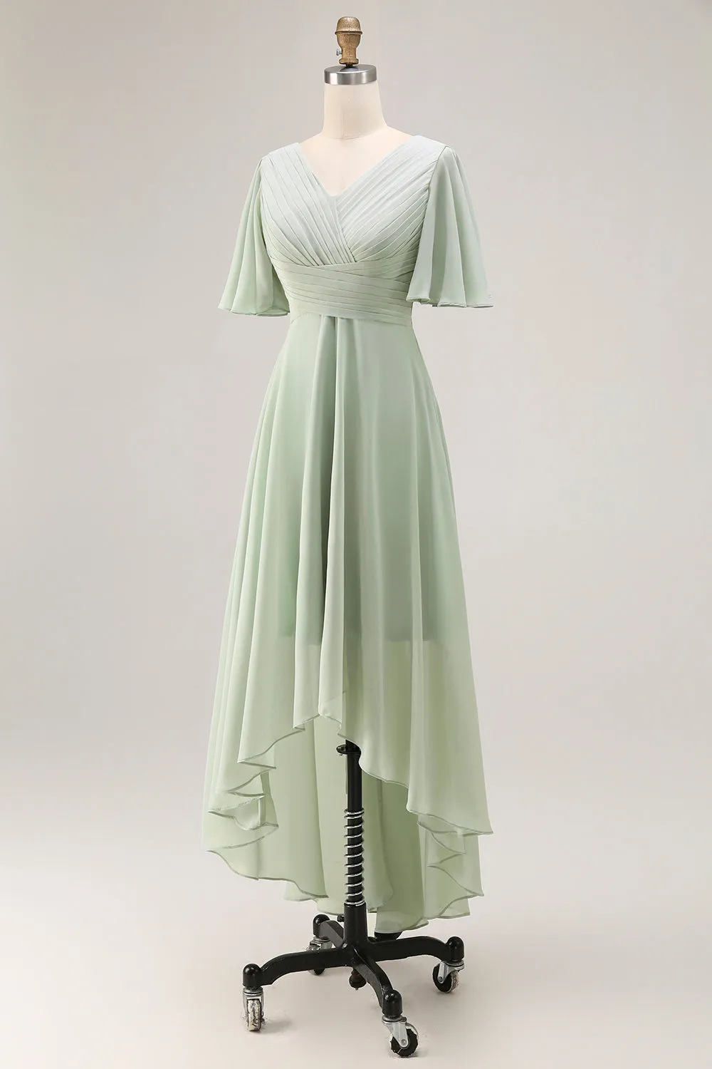 Sage Green A Line Pleated High Low Bridesmaid Dress with Short Sleeves sold by Zapaka product image thumbnail 3