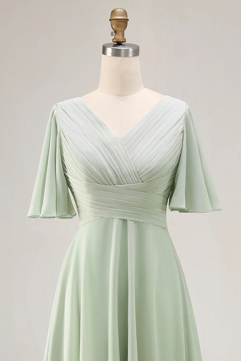 Sage Green A Line Pleated High Low Bridesmaid Dress with Short Sleeves sold by Zapaka product image thumbnail 4
