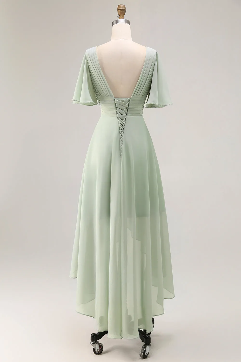 Sage Green A Line Pleated High Low Bridesmaid Dress with Short Sleeves sold by Zapaka product image thumbnail 2