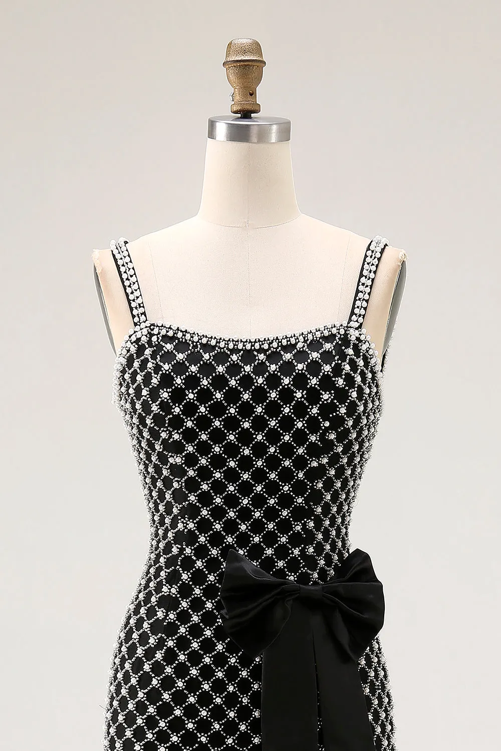 Black Beaded Mermaid Spaghetti Straps Rhinestone Side Bow Long Prom Dress with Slit sold by Zapaka product image thumbnail 4