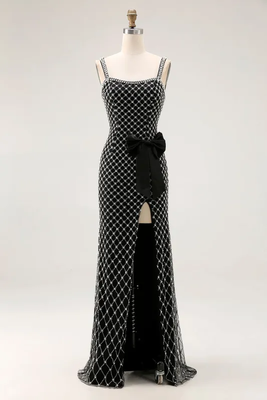 Black Beaded Mermaid Spaghetti Straps Rhinestone Side Bow Long Prom Dress with Slit made by Zapaka
