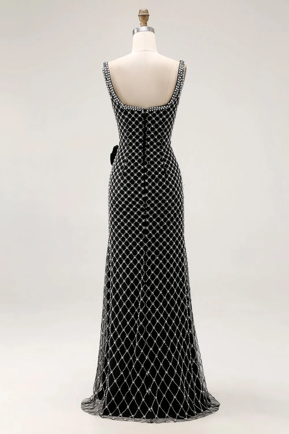 Black Beaded Mermaid Spaghetti Straps Rhinestone Side Bow Long Prom Dress with Slit sold by Zapaka product image thumbnail 2