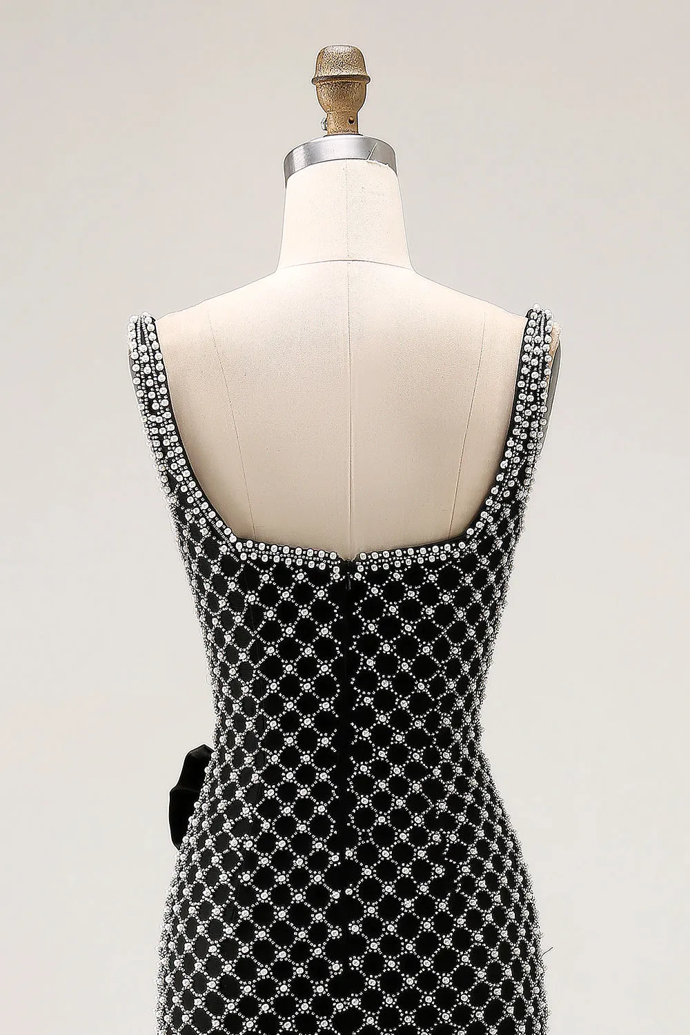 Black Beaded Mermaid Spaghetti Straps Rhinestone Side Bow Long Prom Dress with Slit sold by Zapaka product image thumbnail 5