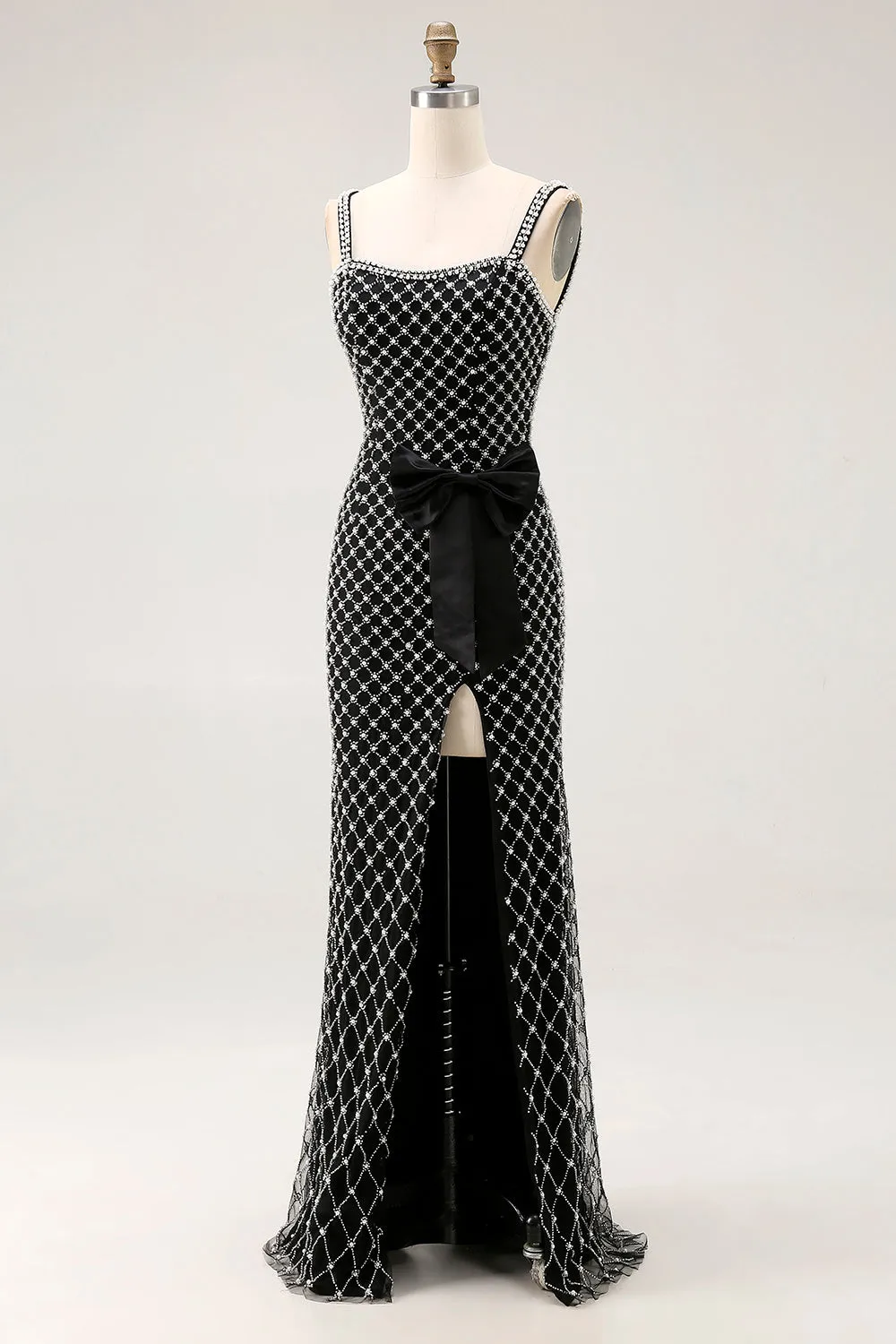 Black Beaded Mermaid Spaghetti Straps Rhinestone Side Bow Long Prom Dress with Slit sold by Zapaka product image thumbnail 3