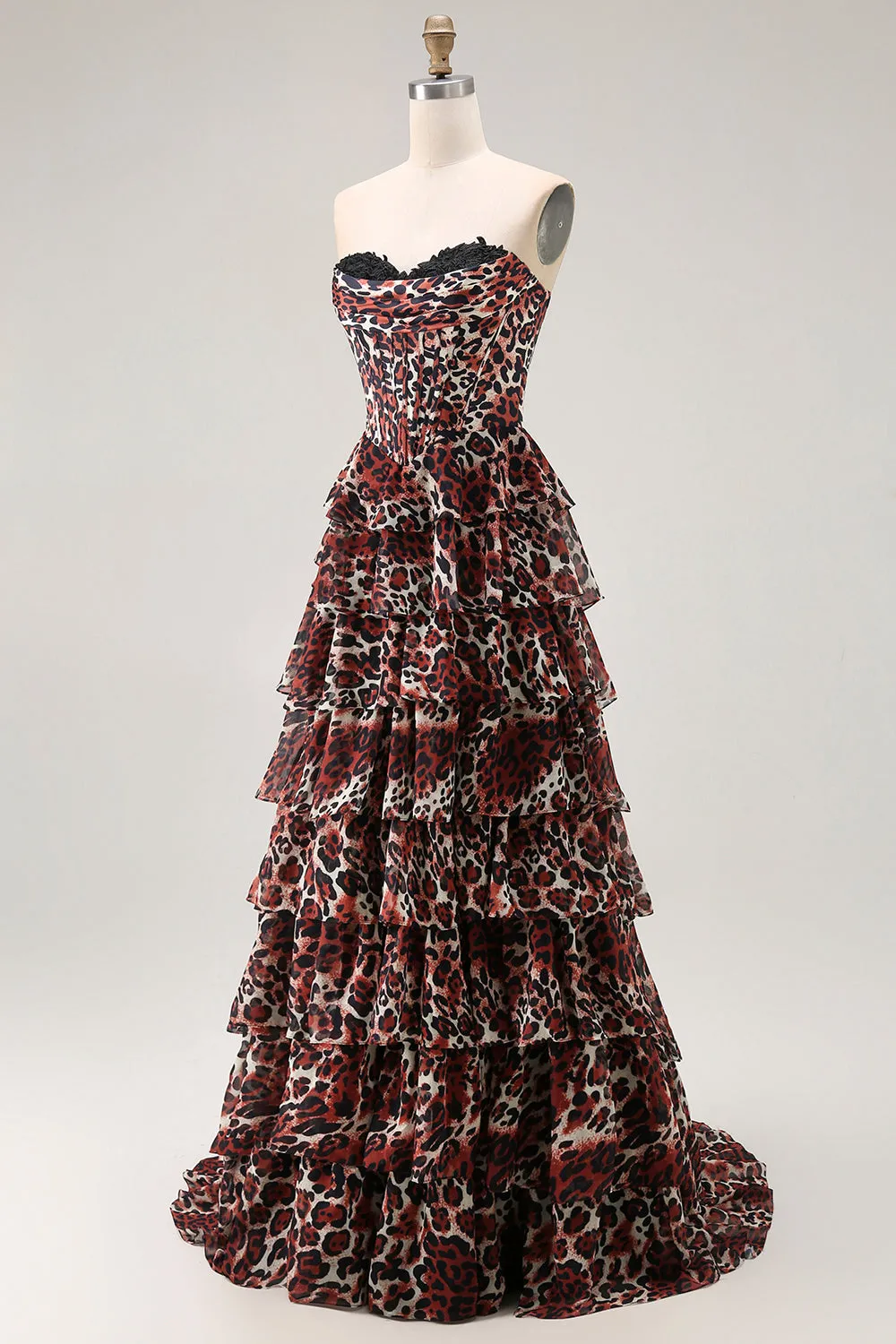 Brown Leopard A Line Sweetheart Tiered Long Prom Dress with Ruffles sold by Zapaka product image thumbnail 3