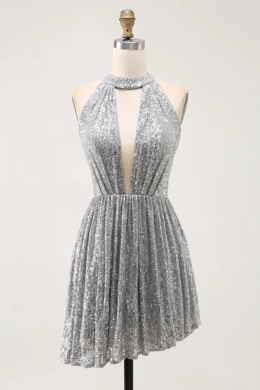Sparkly A-Line Cut Out Short Open Back Silver Cocktail Dress sold by Zapaka