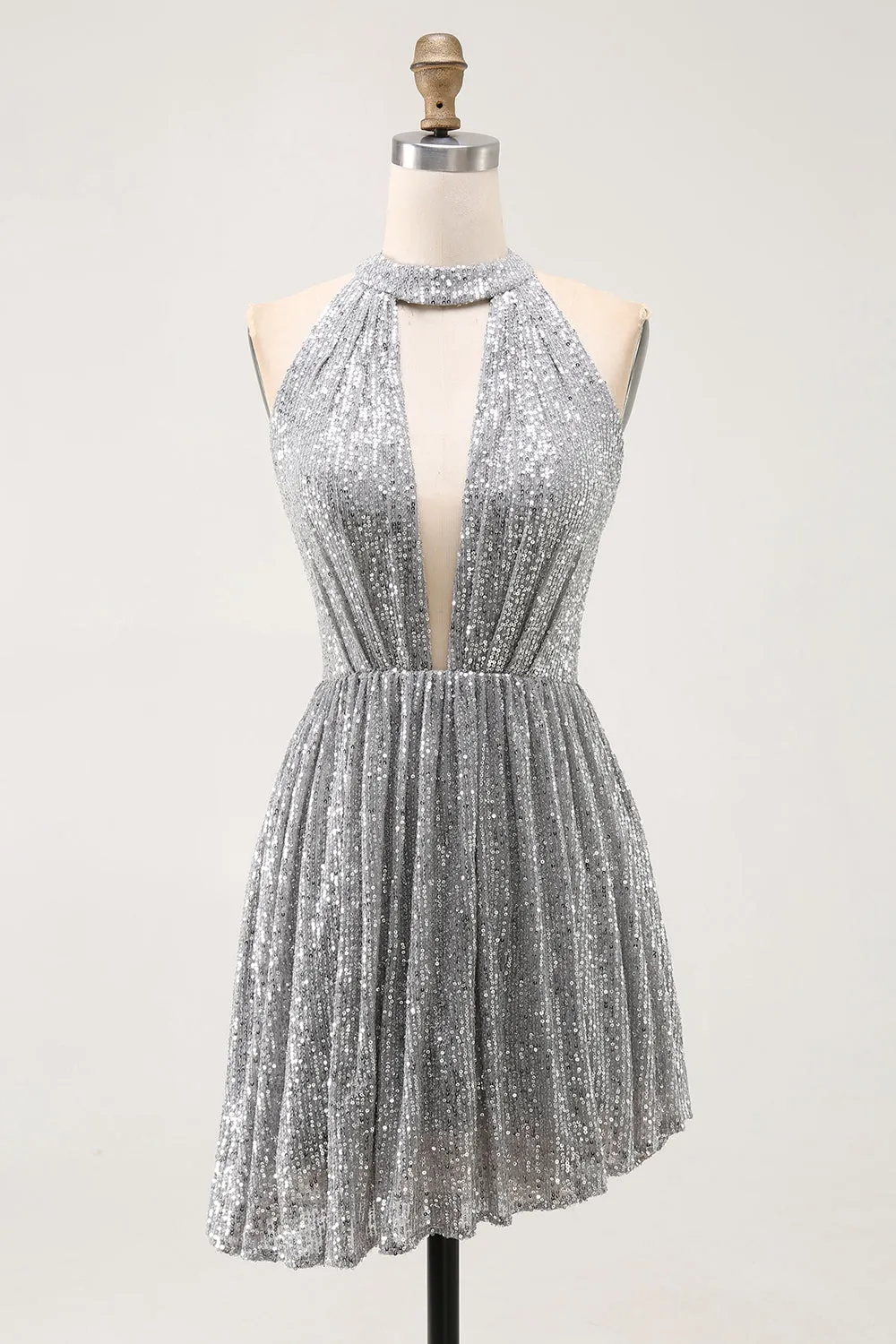 Sparkly A-Line Cut Out Short Open Back Silver Cocktail Dress sold by Zapaka