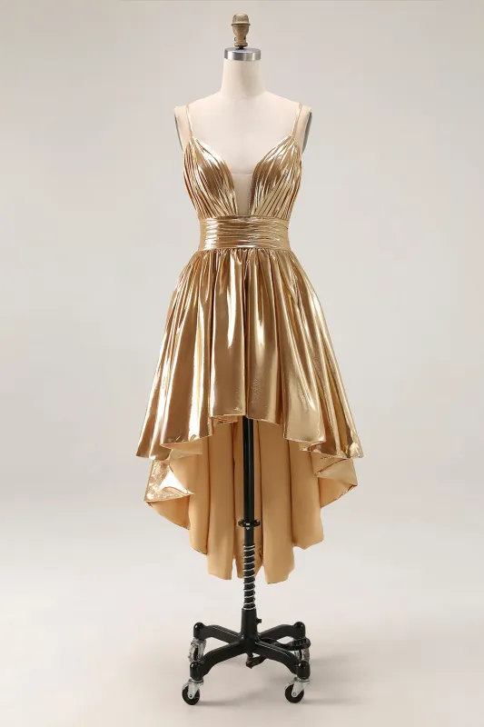 Metallic Gold High-Low A-Line Midi Cocktail Dress made by Zapaka