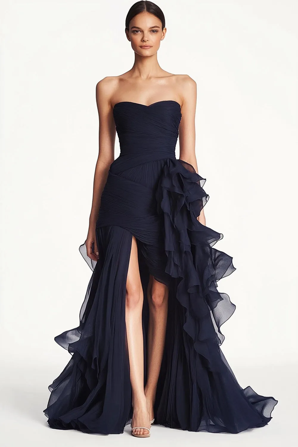 Navy Sweetheart A Line Pleated Prom Dress with Ruffled Sash sold by Zapaka product image thumbnail 3
