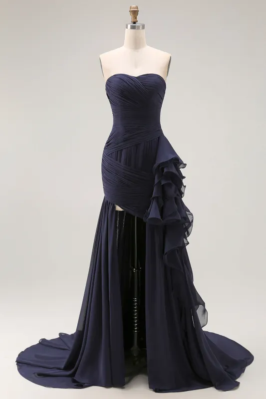 Navy Sweetheart A Line Pleated Prom Dress with Ruffled Sash sold by Zapaka
