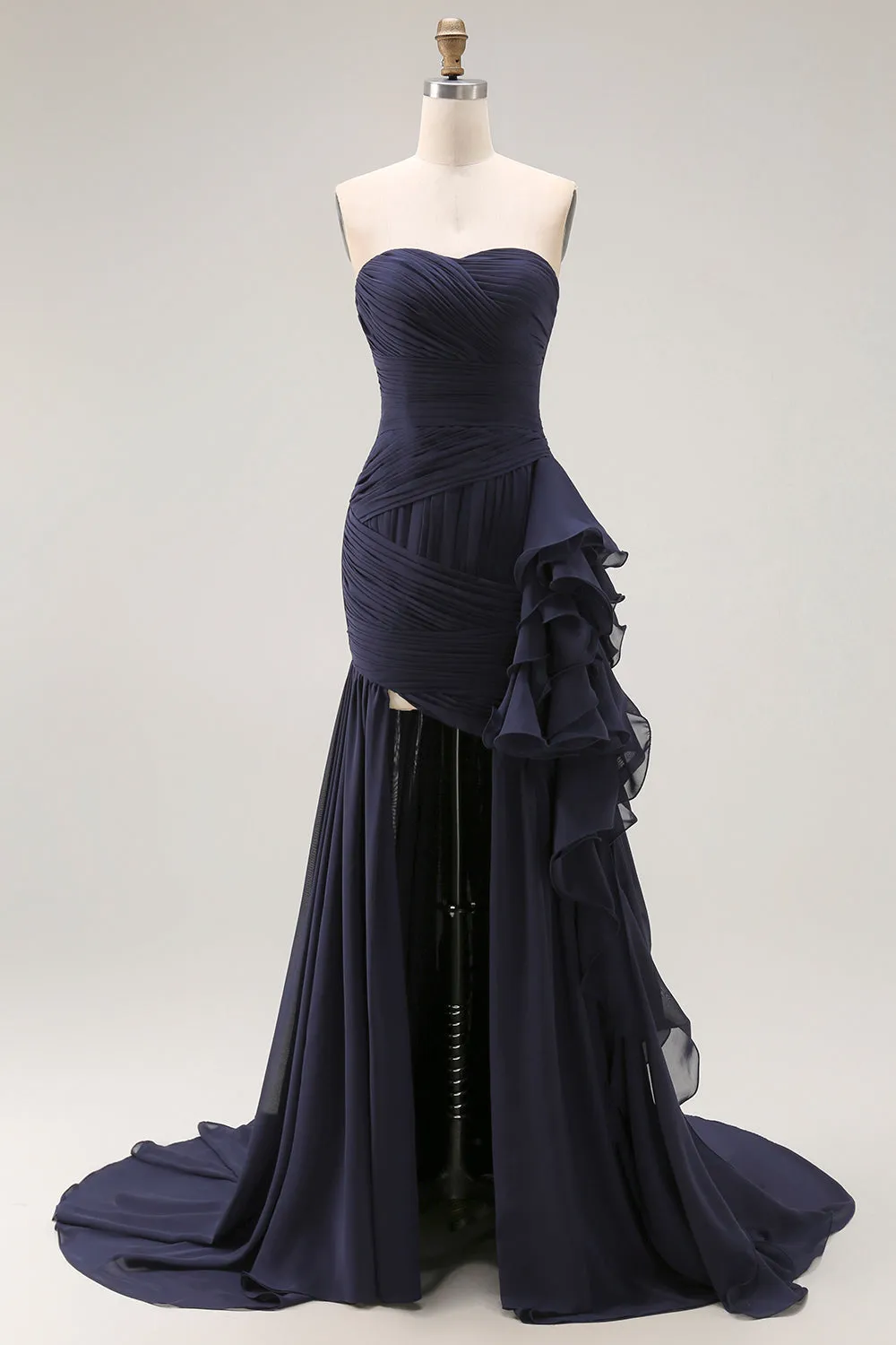 Navy Sweetheart A Line Pleated Prom Dress with Ruffled Sash sold by Zapaka