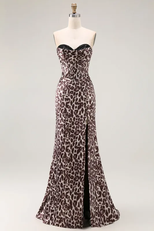 Coffee Leopard Mermaid Strapless Corset Long Prom Dress with Slit made by Zapaka