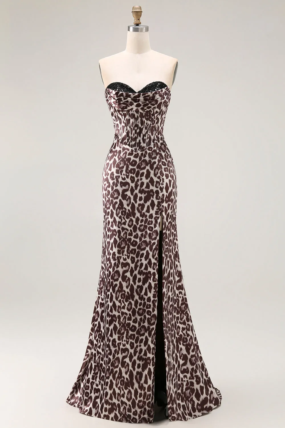Coffee Leopard Mermaid Strapless Corset Long Prom Dress with Slit sold by Zapaka