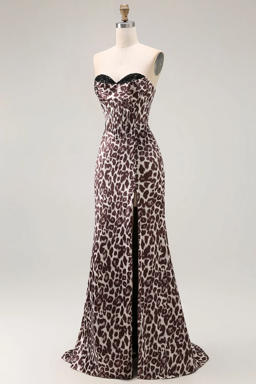 Coffee Leopard Mermaid Strapless Corset Long Prom Dress with Slit sold by Zapaka product image thumbnail 3