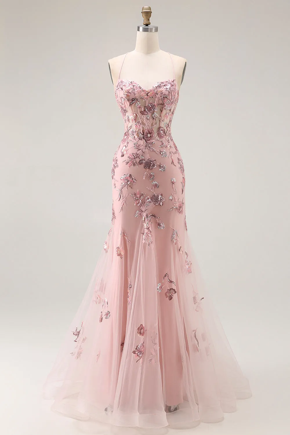 Blush Mermaid Corset Appliqued Long Prom Dress with Beading sold by Zapaka