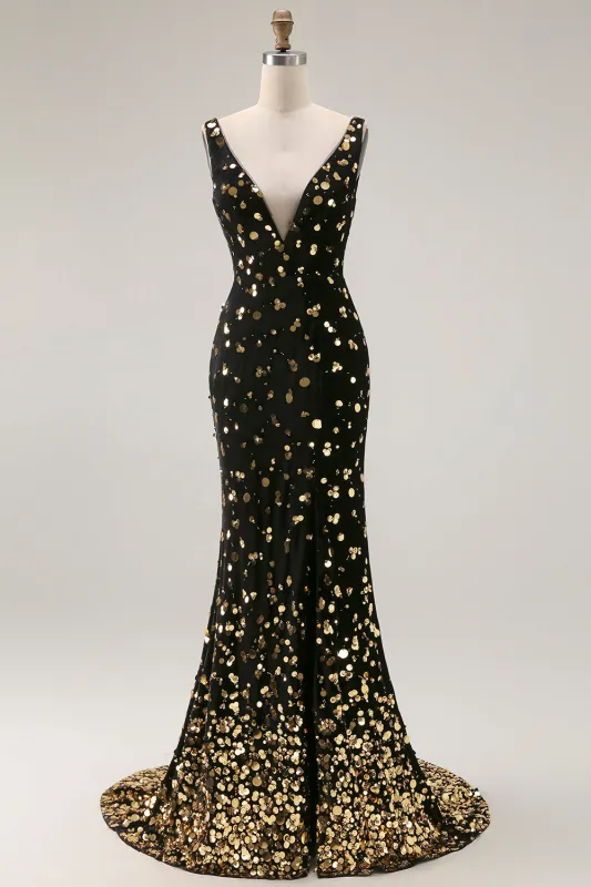 Black Golden Mermaid Sequin V Neck Open Back Long Prom Dress with Slit sold by Zapaka