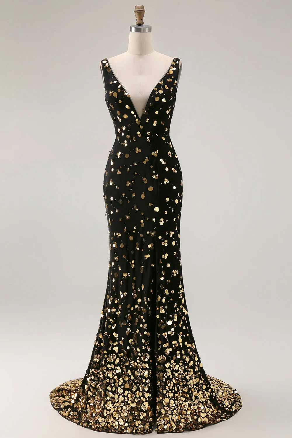 Black Golden Mermaid Sequin V Neck Open Back Long Prom Dress with Slit sold by Zapaka