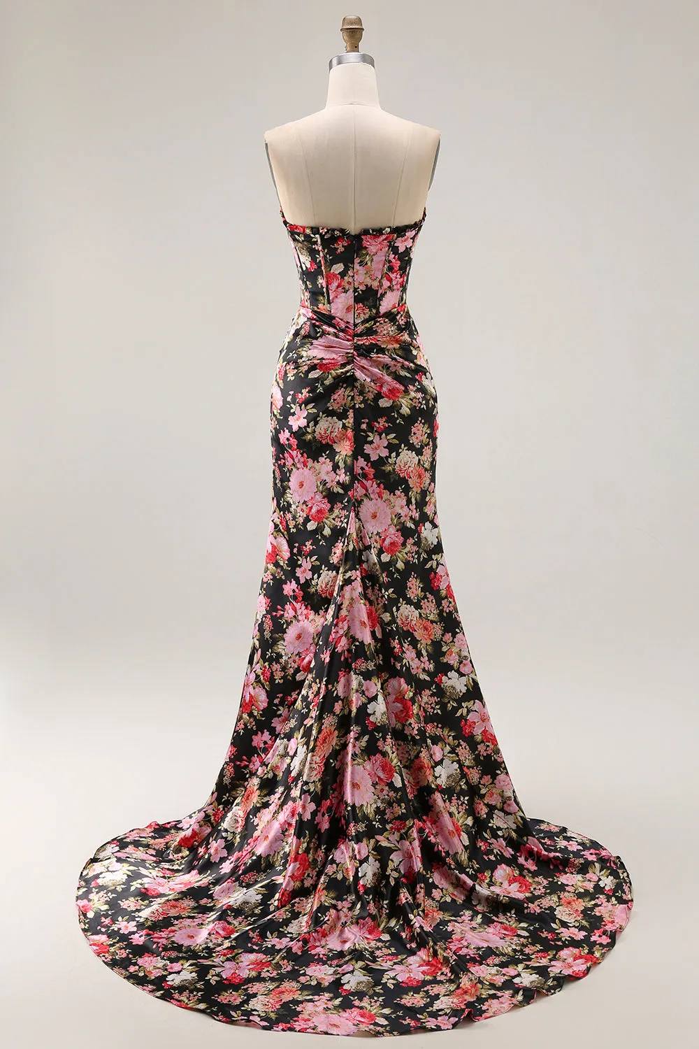 Black Pink Floral Strapless Mermaid Corset Long Prom Dress with Slit sold by Zapaka product image thumbnail 2
