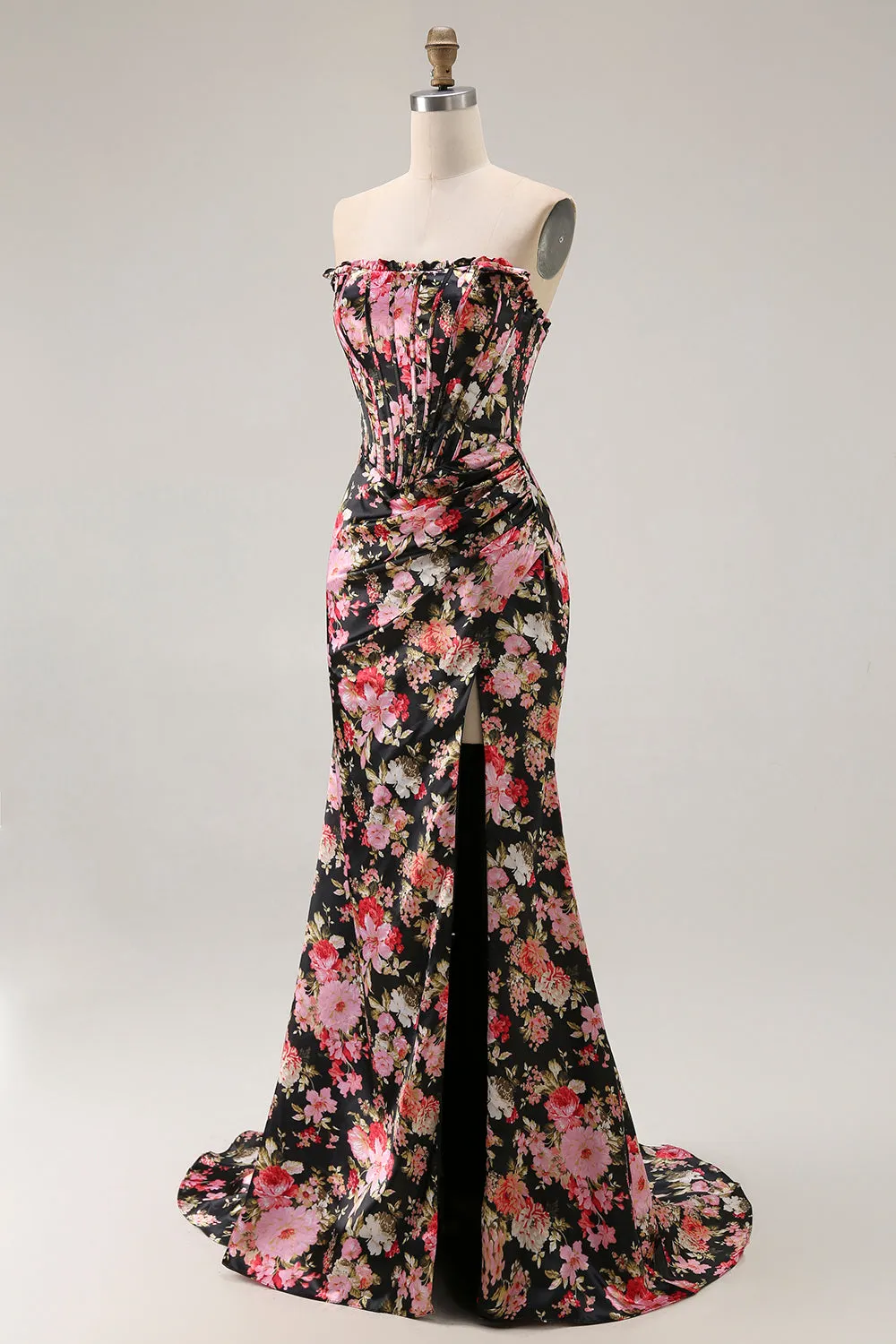 Black Pink Floral Strapless Mermaid Corset Long Prom Dress with Slit sold by Zapaka product image thumbnail 3