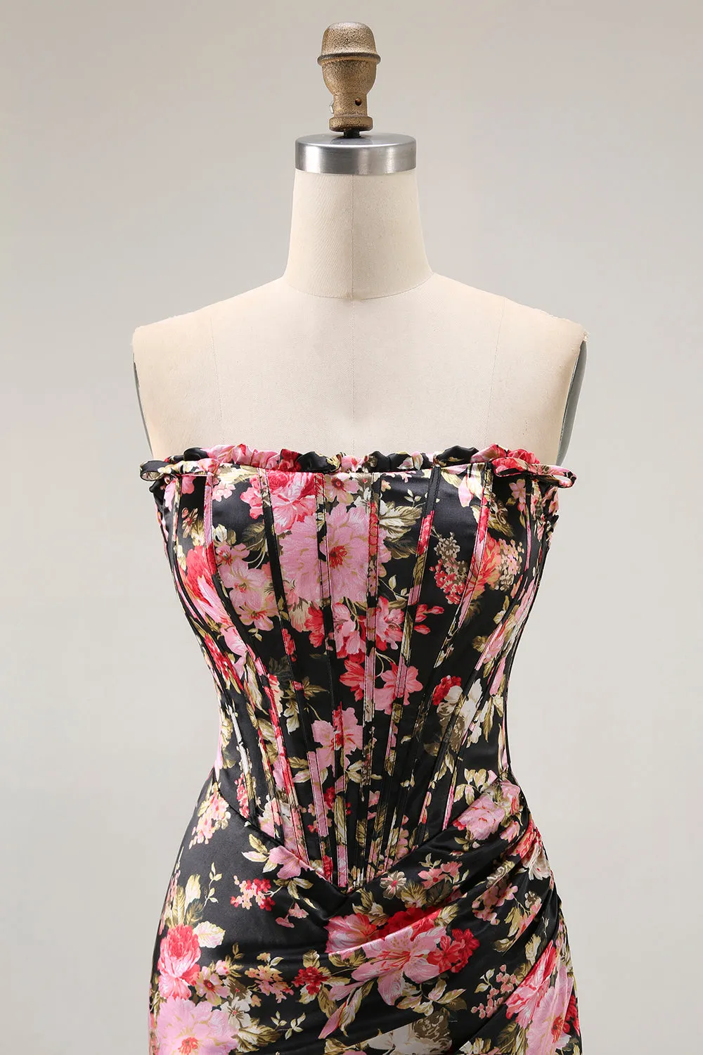 Black Pink Floral Strapless Mermaid Corset Long Prom Dress with Slit sold by Zapaka product image thumbnail 4