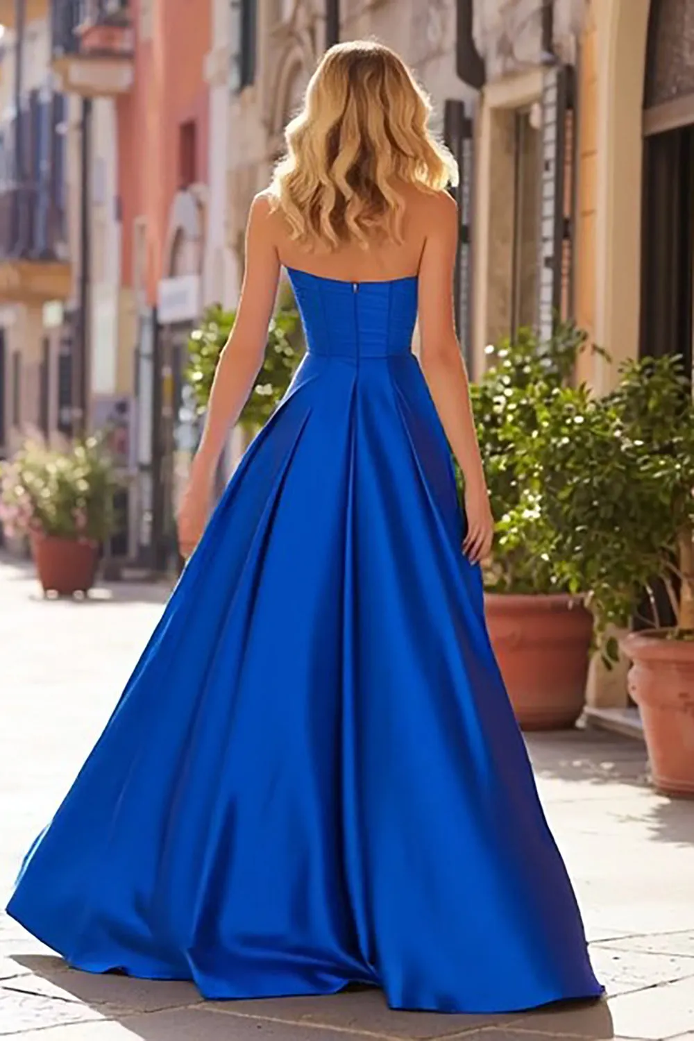 Royal Blue A-Line Pleated Sweetheart Satin Long Prom Dress with Slit sold by Zapaka product image thumbnail 2