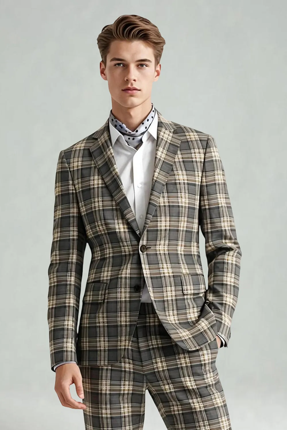 Brown Grey 2 Piece Notched Lapel Grid Men's Prom Suits with Pockets sold by Zapaka product image thumbnail 3