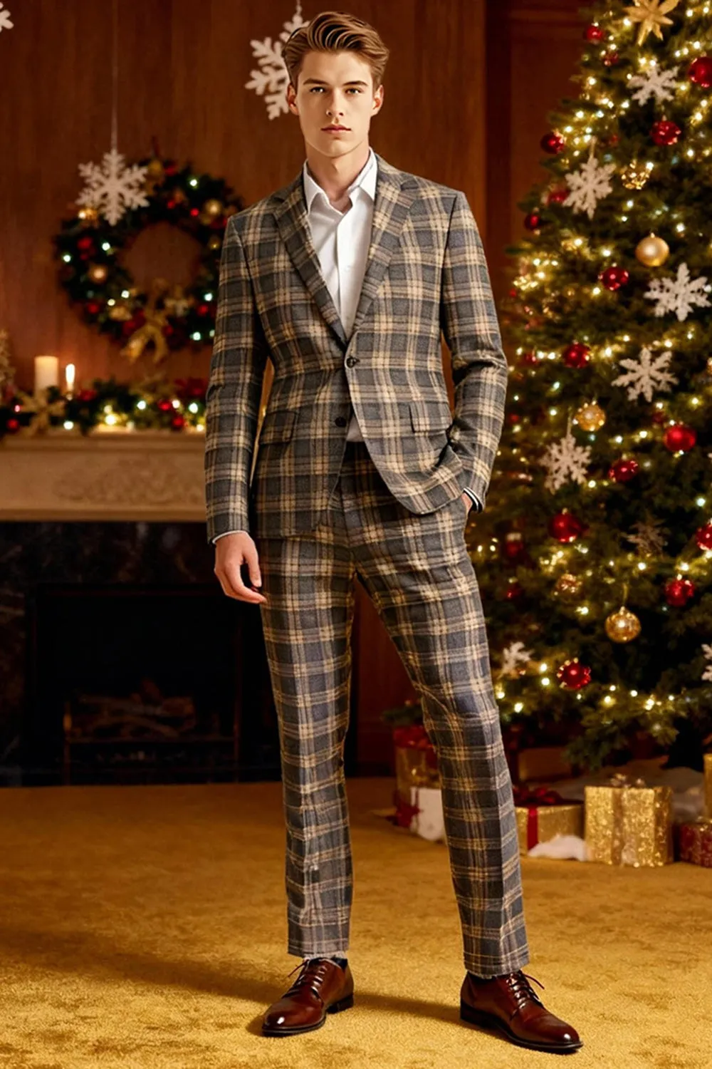 Brown Grey 2 Piece Notched Lapel Grid Men's Prom Suits with Pockets sold by Zapaka