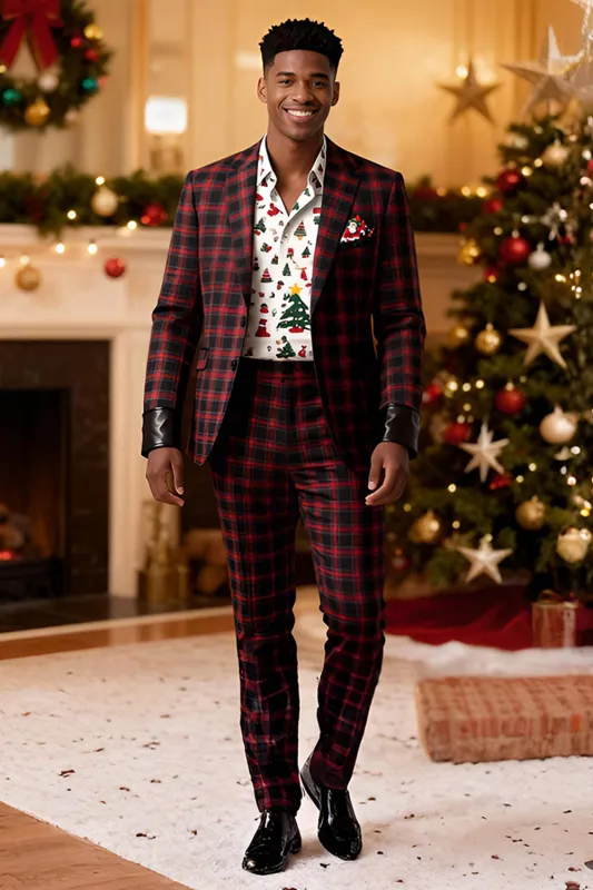 Red Black Grid 2 Piece Notched Lapel Men's Prom Suits sold by Zapaka