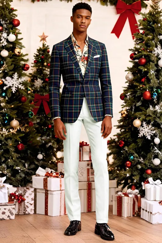 Blue Green Grid Notched Lapel 2 Piece Men's Prom Suits sold by Zapaka