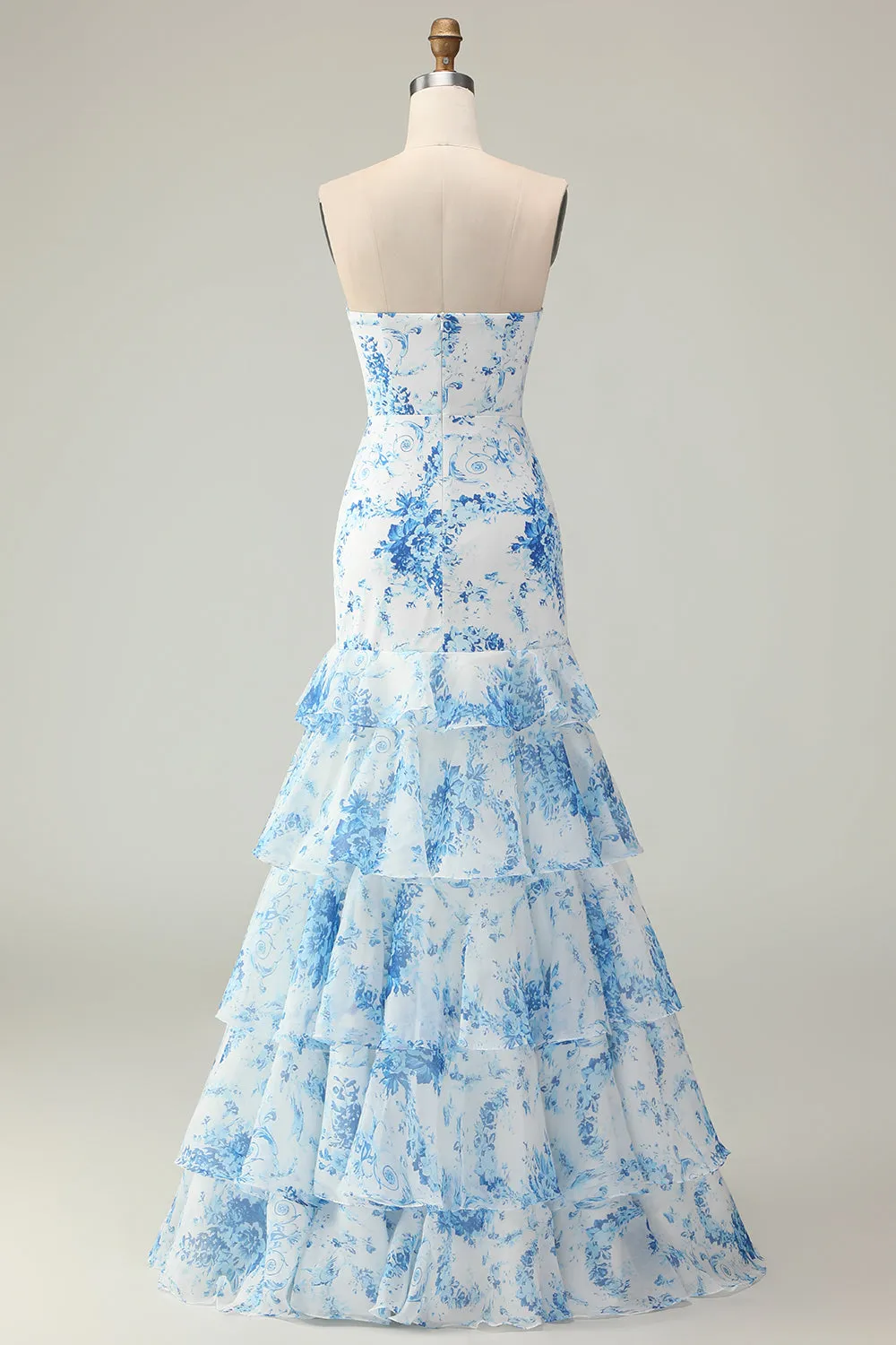 White Blue Flower Mermaid Strapless Tiered Print Long Prom Dress with Ruffles sold by Zapaka product image thumbnail 2