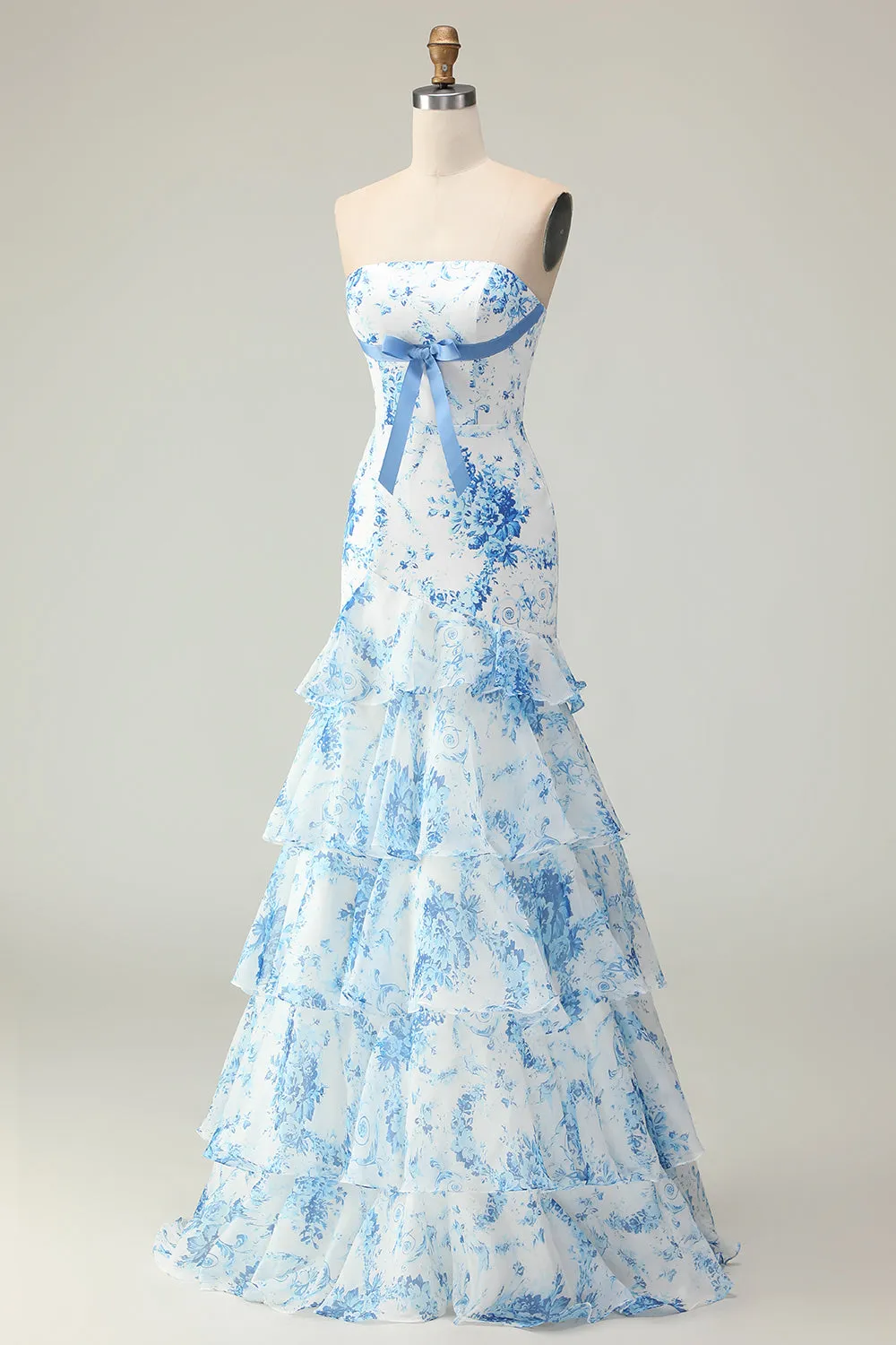 White Blue Flower Mermaid Strapless Tiered Print Long Prom Dress with Ruffles sold by Zapaka product image thumbnail 3