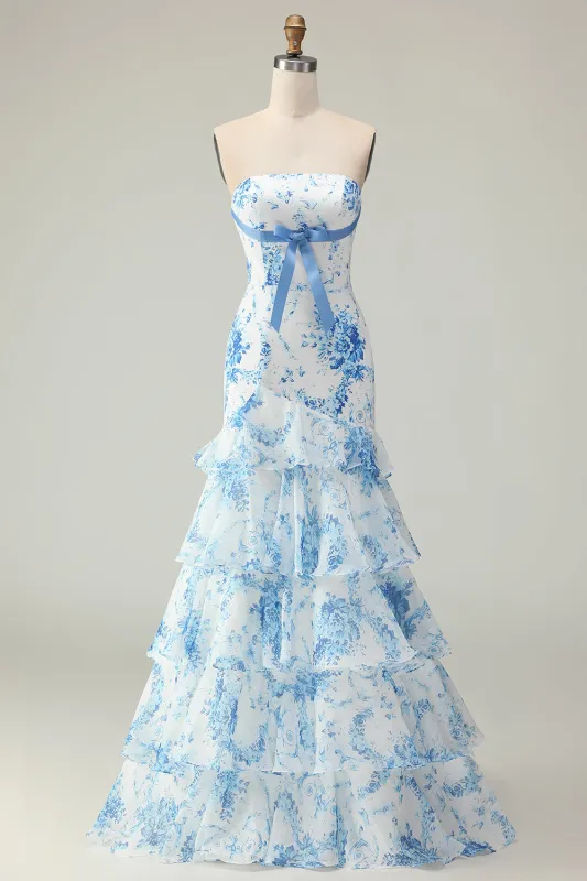White Blue Flower Mermaid Strapless Tiered Print Long Prom Dress with Ruffles sold by Zapaka