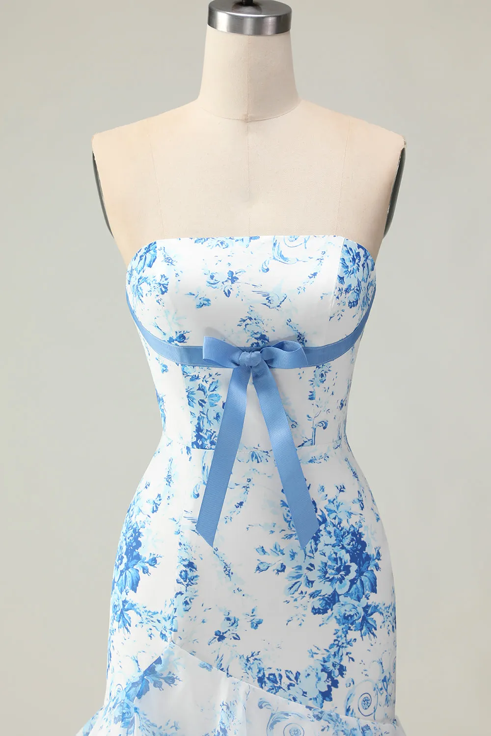 White Blue Flower Mermaid Strapless Tiered Print Long Prom Dress with Ruffles sold by Zapaka product image thumbnail 4