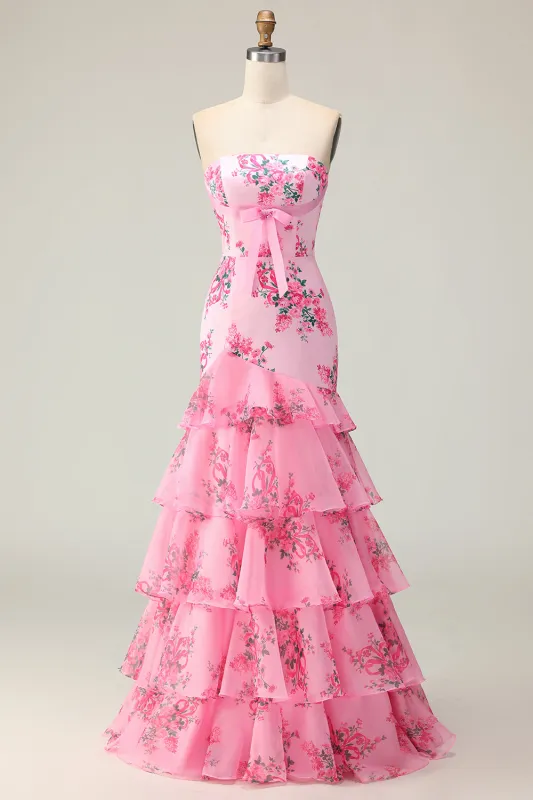 Pink Flower Strapless Tiered Mermaid Long Prom Dress with Ruffles sold by Zapaka
